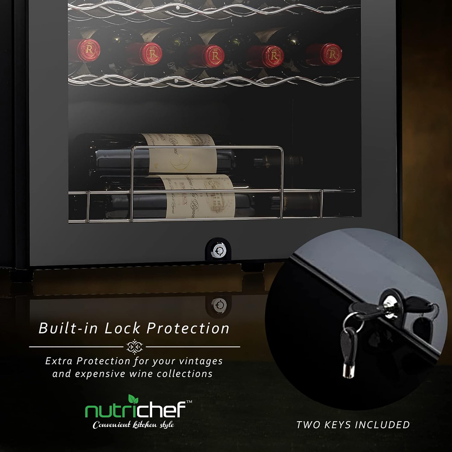 NutriChef PKCWC340 Wine Fridge, 34 Bottle Single Zone Beverage Chiller, 93.5L Capacity, 33x19x17 IN, Black