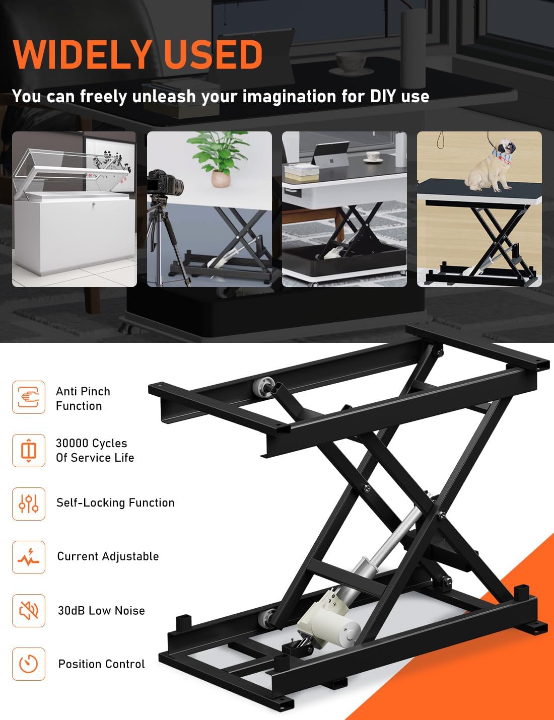 DIHOOL Electric Scissor Lift Table, 350Lbs Capacity, 7.68'-26.77' Height Adjustable Lifting Platform, Super Quiet with Remote & WiFi Control, Obstruction Detection, AC/DC Power for Home/Industrial Use