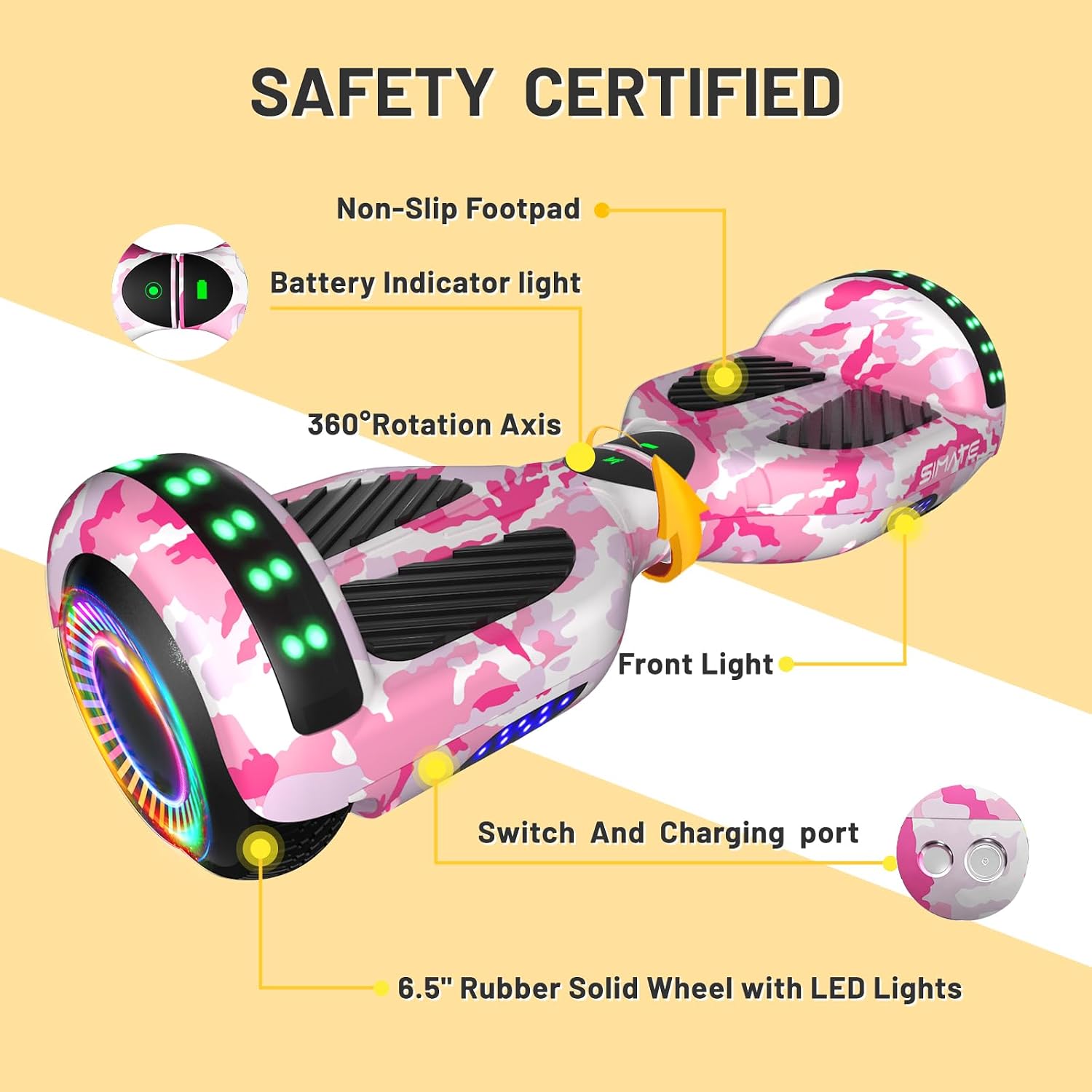 SIMATE Hoverboard, Bluetooth All Terrain Hover Boards with LED Lights and APP Control, Gifts for Kids Adults Girls Boys, for All Ages