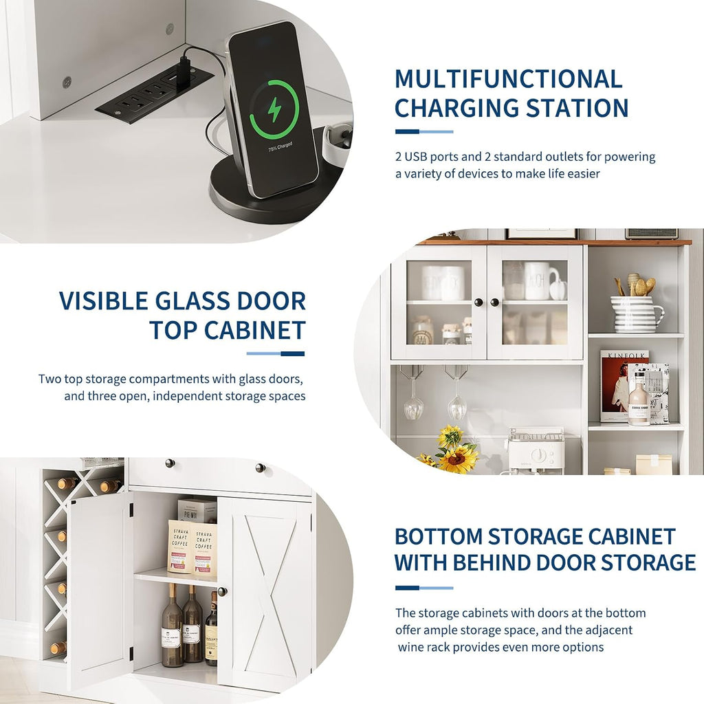 Coffee Bar Cabinet with Power Outlet & Exquisite Barn Doors, Sideboard Buffet Cabinet with Wine Bottle Rack, Storage Cabinet for Kitchen, Dining Room