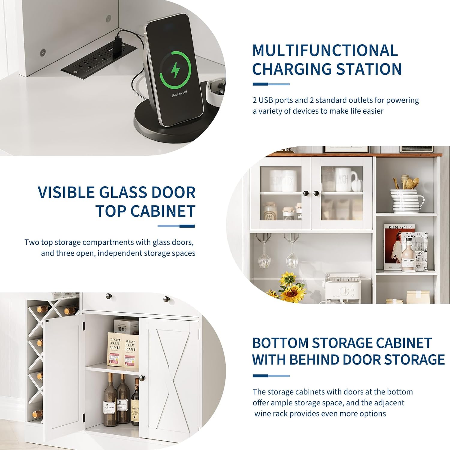 Coffee Bar Cabinet with Power Outlet & Exquisite Barn Doors, Sideboard Buffet Cabinet with Wine Bottle Rack, Storage Cabinet for Kitchen, Dining Room