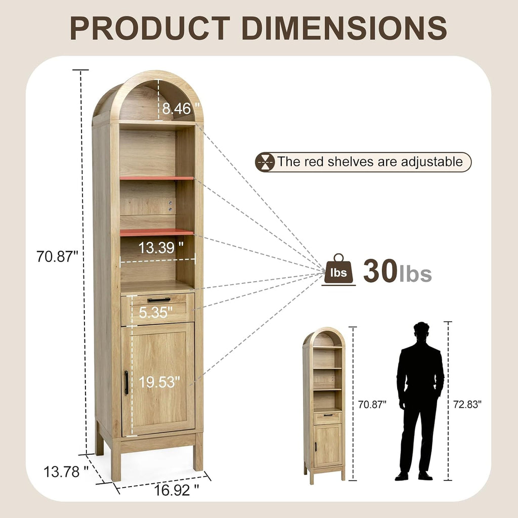 Narrow 71' Tall Wood Cabinet with Adjustable Shelves | Arched Storage Cabinet, 1 Door & 1 Drawer, Moisture-Resistant, Anti-Tipping, Sleek, Sturdy, Cam Lock, Space-Saving,