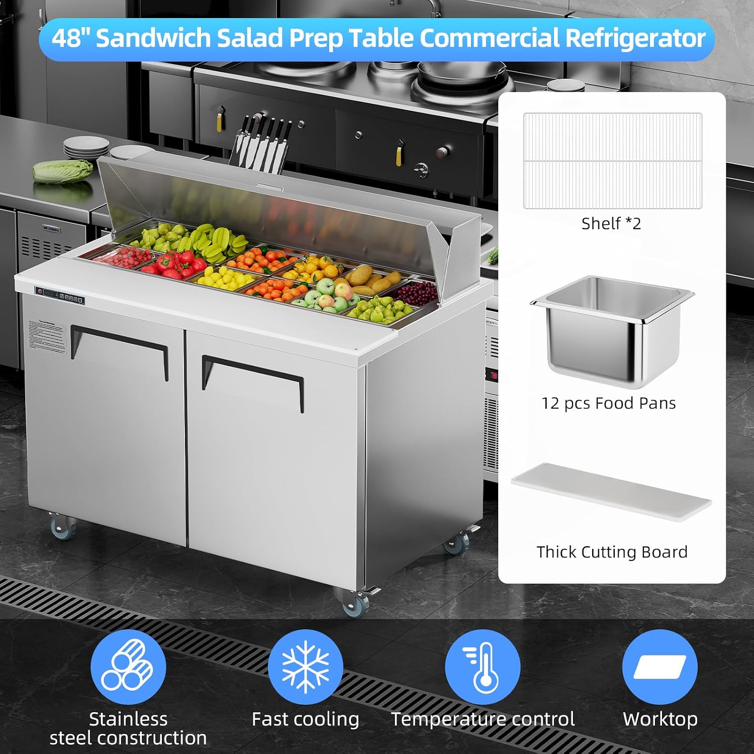 GarveeLife Commercial 48' Sandwich & Salad Prep Refrigerator - Stainless Steel Double Door Undercounter Fridge with 12 Food Pans, Cooling Counter, Cutting Board Worktop, Adjustable Shelf, 12.9 cu. ft