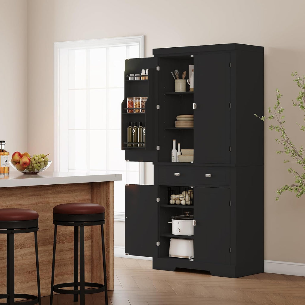 GarveeHome 72' Kitchen Pantry Cabinet, Freestanding Tall Storage Cabinet with 6 Door Shelves, 4 Adjustable Shelves and 1 Drawer, for Kitchen, Living Room, Dining Room, Black