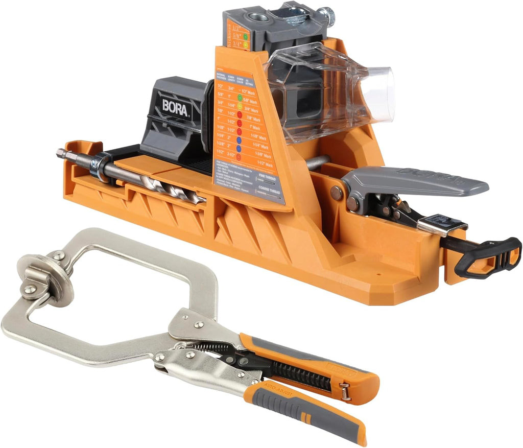BORA Automatic Pocket Hole Jig with 3' Face Clamp and 50 Screws, Auto Adjusting Drill Guide, Pocket Hole Jig Kit for Woodworking - For Materials 1/2 inch to 1 1/2 inch Thick, Power Tool Accessory Jigs