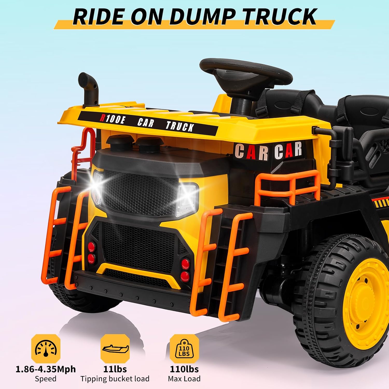 24V Kids Ride On Dump Truck with R/C, 2 Seater Electric Car - 2WD/4WD Powerful Motors, 4.4 Mph, Electric Dump Bed & Shovel, EVA Tires, Music Player, Soft Start, 19' Spacious Seat (Yellow)