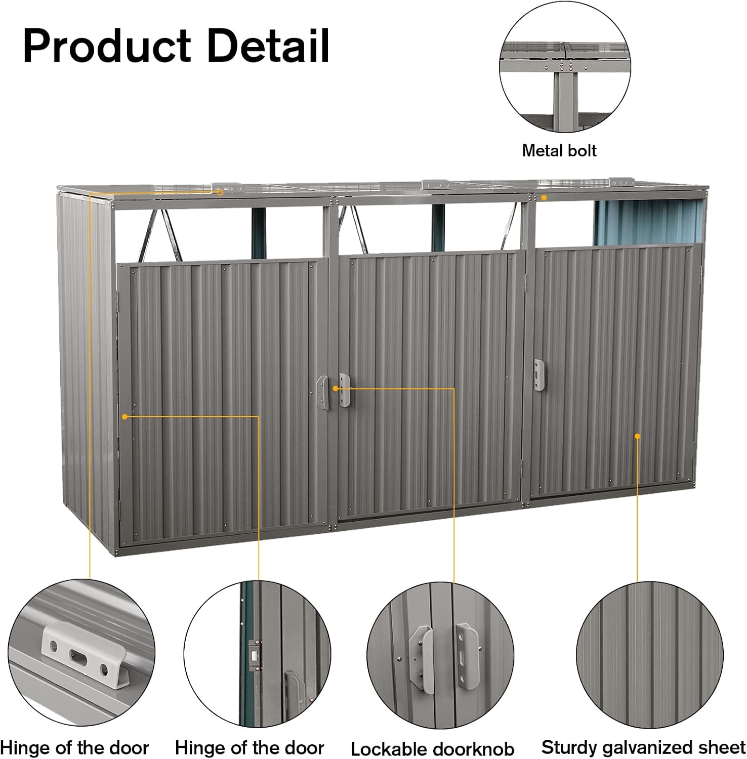 YOPTO Garbage Bin Storage Shed for 3 Trash Cans,Outdoor Trash Can Storage for Patio,Stainless Galvanized Steel Bin Shed,Rust-Proof & Scratch-Resistant Trash Can Hider,for Garden,Yard,Lawn,Grey, Gray
