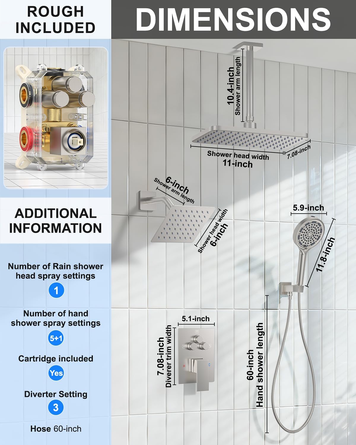 KOJOX Brushed Nickel Dual Shower Head System – 11' Ceiling Rainfall + 6' Wall Mount Heads, 6-Mode Handheld Spray, Push-Button Diverter Faucet Set