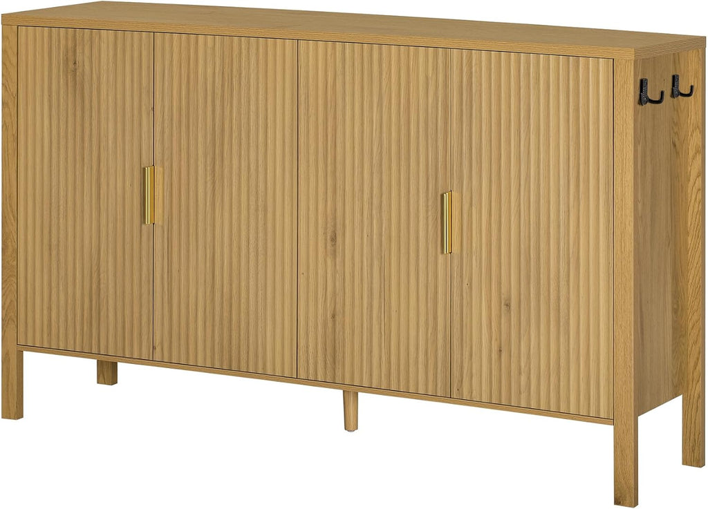 Virubi 57.5' Sideboard Buffet Cabinet with Storage,Wooden Sideboard Cabinet with Back-of-Door Storage Racks & Side Hooks,Adjustable Shelves for Living Room,Dining Room,Natural