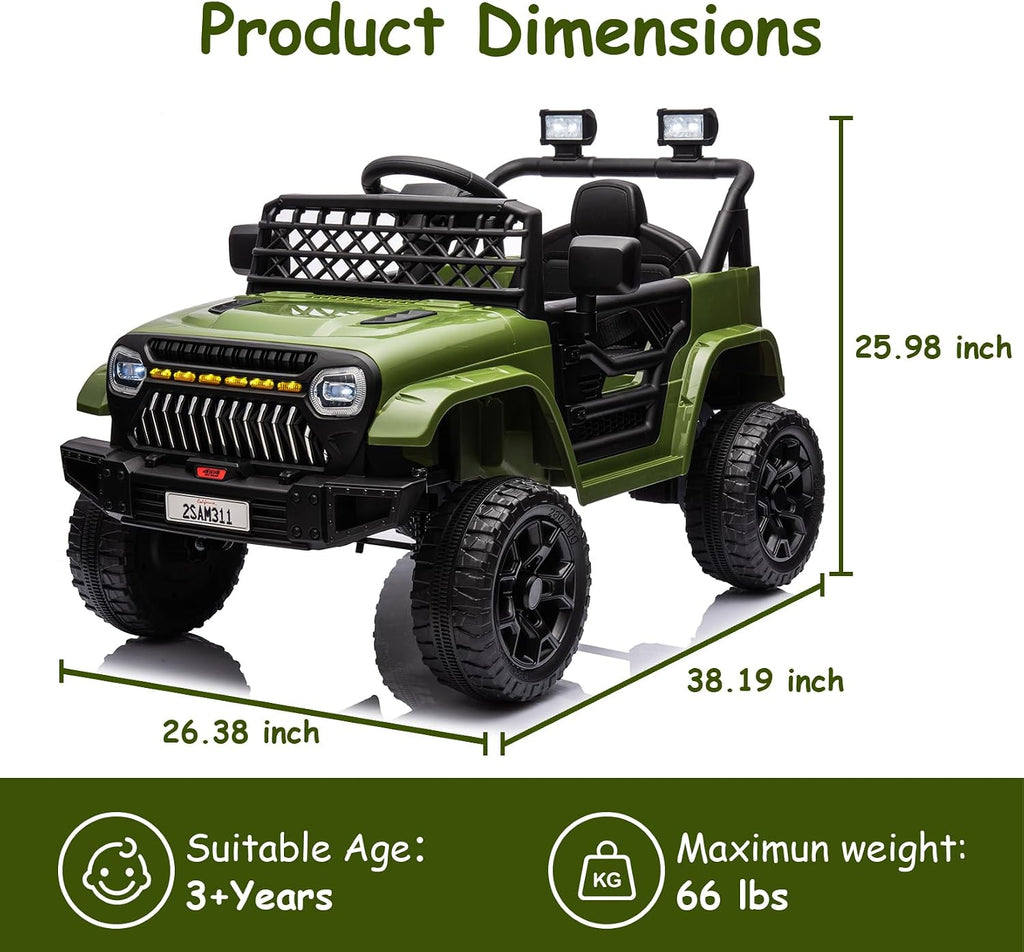 GarveeLife 12V Kids Ride On Truck Electric Vehicle Battery Powered Car Toddlers Ride On Toy for Boys Girls with Remote Control, 4-Wheel Suspension, Battery Display, LED Lights, Music, Army Green