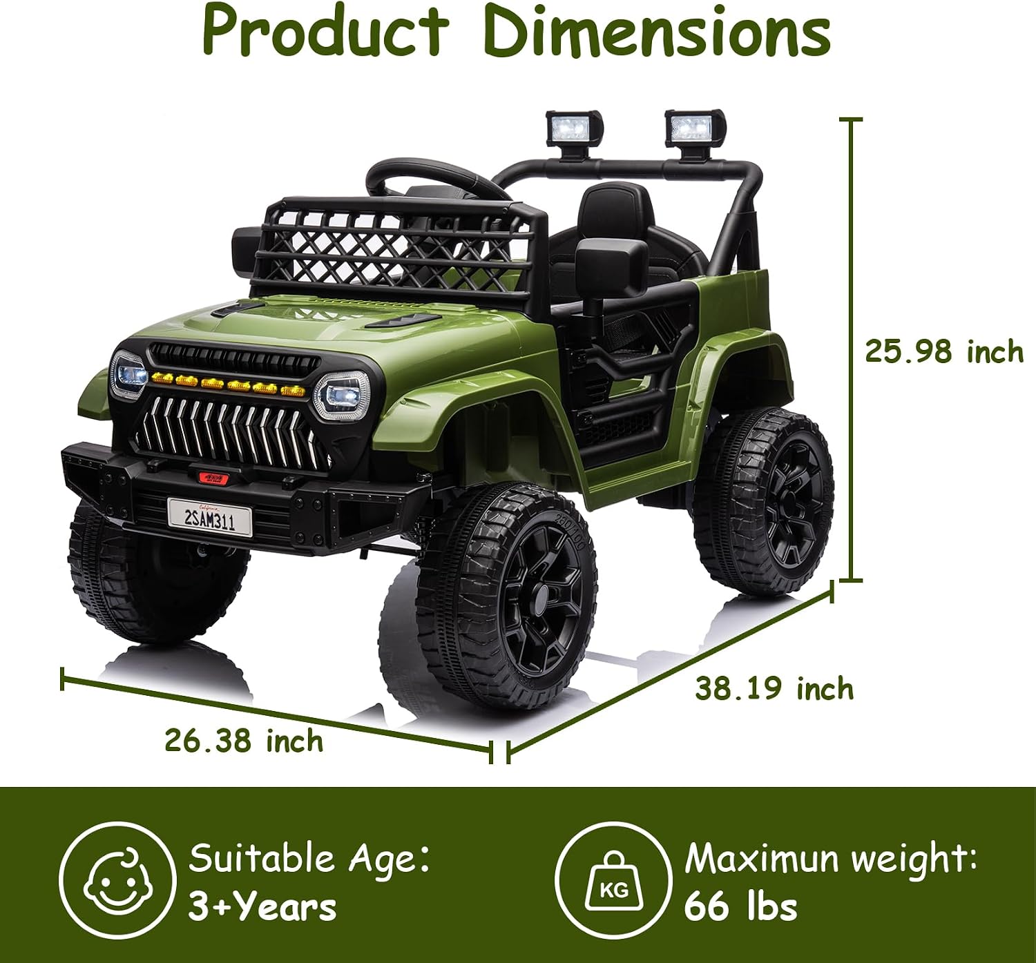 GarveeLife 12V Kids Ride On Truck Electric Vehicle Battery Powered Car Toddlers Ride On Toy for Boys Girls with Remote Control, 4-Wheel Suspension, Battery Display, LED Lights, Music, Army Green