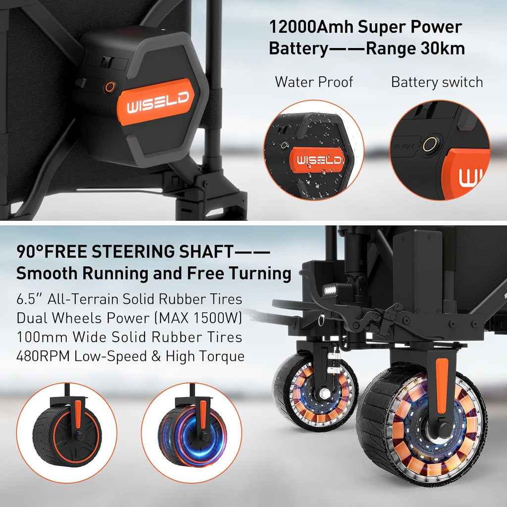 WISELD GT3 Electric Wagon Cart with Seat*1 Battery*1, Dymanic Load 551LBS/Static 772LBS Wagon, Reverse Function, Precision Steering, 2 Modes for Shopping, Sports, Garden, Camping