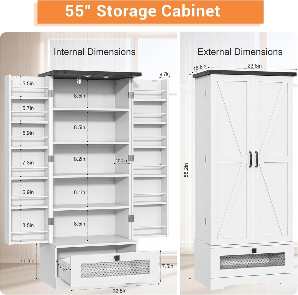 kepptory 55' Pantry Storage Cabinet with Adjustable Shelvesand Drawer, Buffet Cupboard for Kitchen