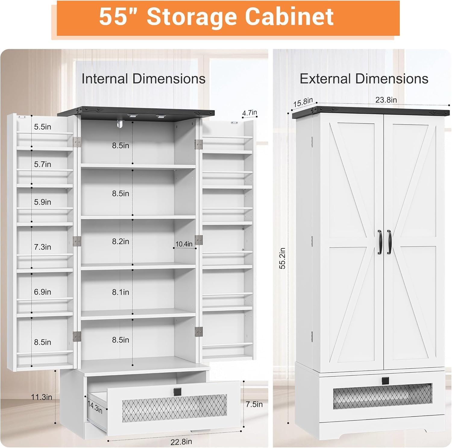 kepptory 55' Pantry Storage Cabinet with Adjustable Shelvesand Drawer, Buffet Cupboard for Kitchen