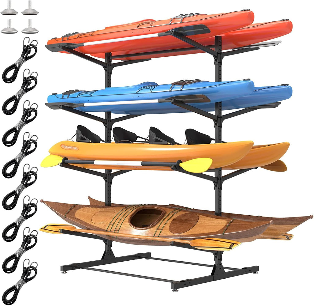 LotFun Kayak Storage Rack, Freestanding Heavy Duty Adjustable Kayak Stand Indoor Outdoor Storage Rack Garage, with Wheels and Foot Pad, for Kayaks, SUPs, Canoes, Surfboard (4 Levels for 8 Kayaks)