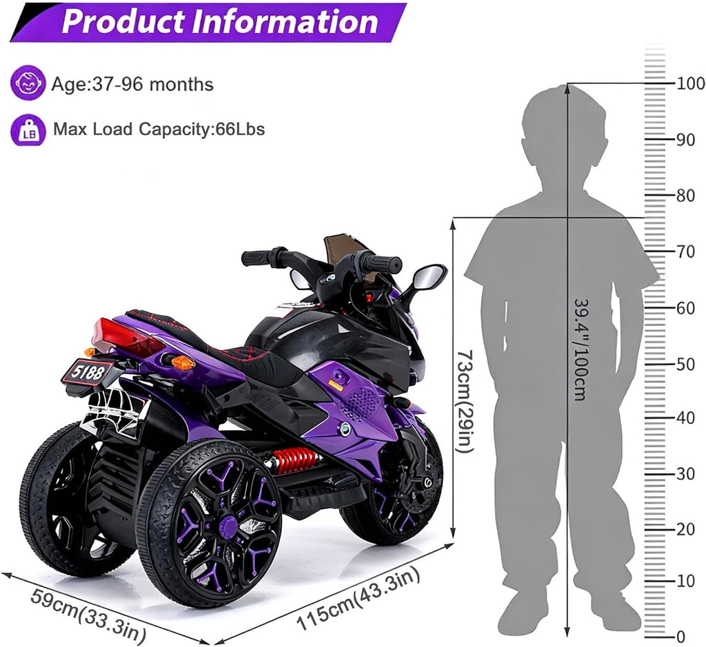 12V Kids Electric Motorcycle with Training Wheels | Plastic, PU seat, manual throttle, foot brake, USB, MP3, phone link, light-up wheels, ages 3-6, 45.3 W x 23.2 D x 28.7 H in