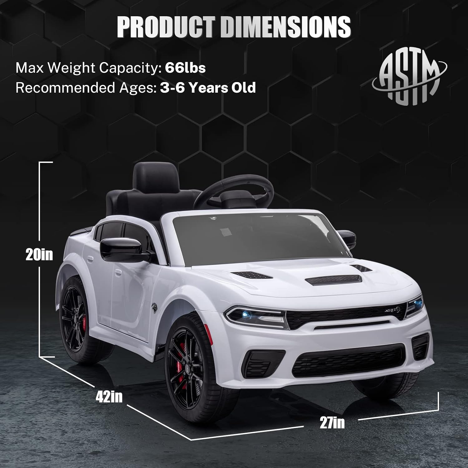 ENYOPRO 12V 7Ah Kids Electric Ride on Car, Licensed Dodge Charger SRT Hellcat, Battery Powered 4-Wheels Toy Car Electric Vehicle for Kids with Remote Control, 3 Speeds, LED Lights, Music (White)