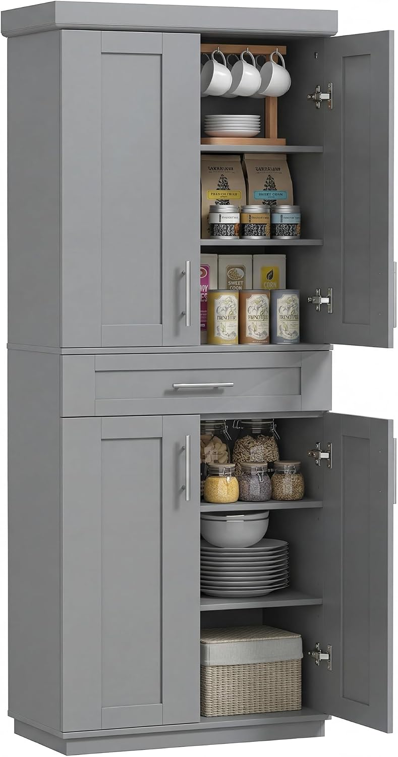 HOMCOM 72' Kitchen Pantry Cabinet, Freestanding Tall Storage Cabinet with 4 Doors, Drawer and 3 Adjustable Shelves for Dining Room, Gray