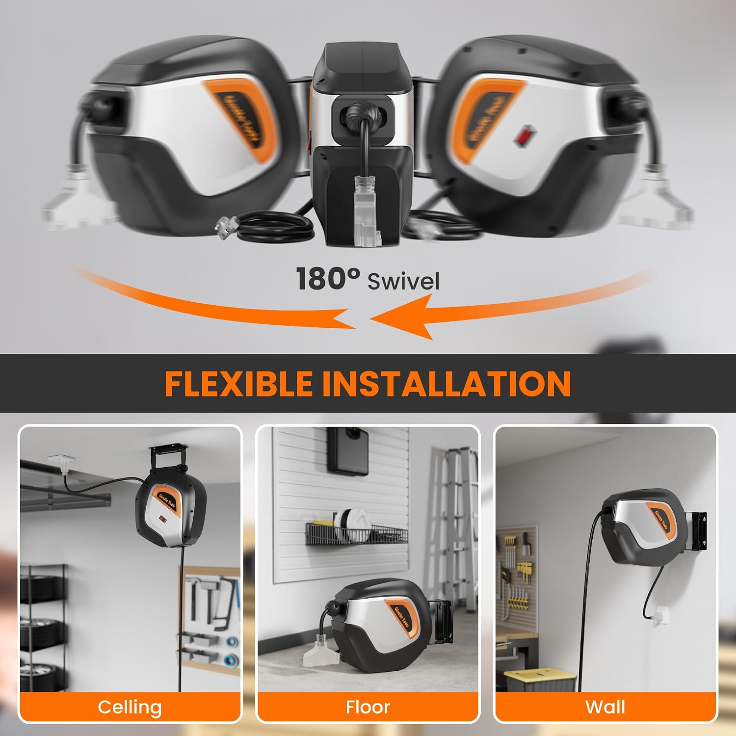Giraffe Tools Retractable Power Cord Reel, 50ft 12AWG/3C SJT Heavy Duty Extension Cord Storage Reel Wall/Ceiling Mount for Garage with Lighted Triple Tap