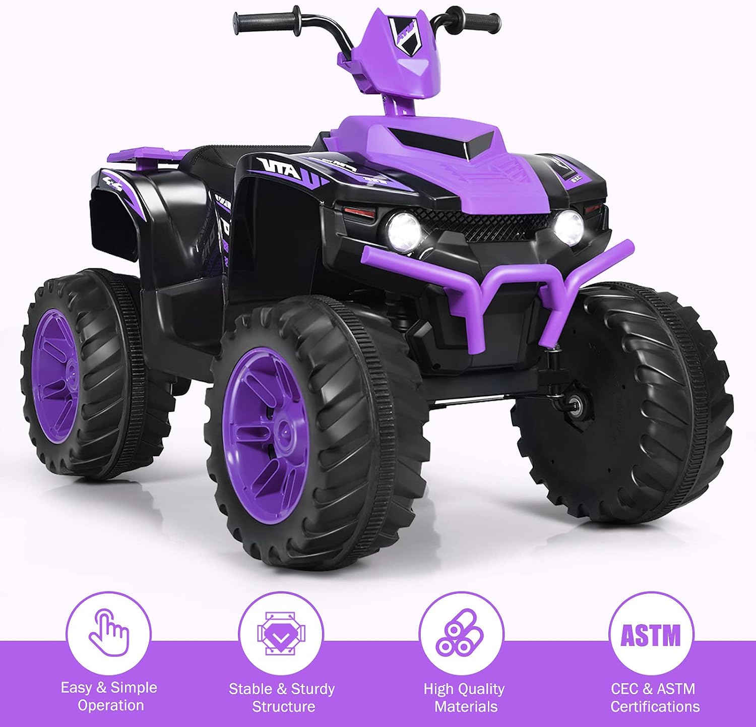 Costzon Kids ATV, 12V Battery Powered Electric Vehicle w/LED Lights, High & Low Speed, Horn, Music, USB, Treaded Tires, Ride on Car 4 Wheeler Quad for Boys & Girls Gift, Ride on ATV (Purple)