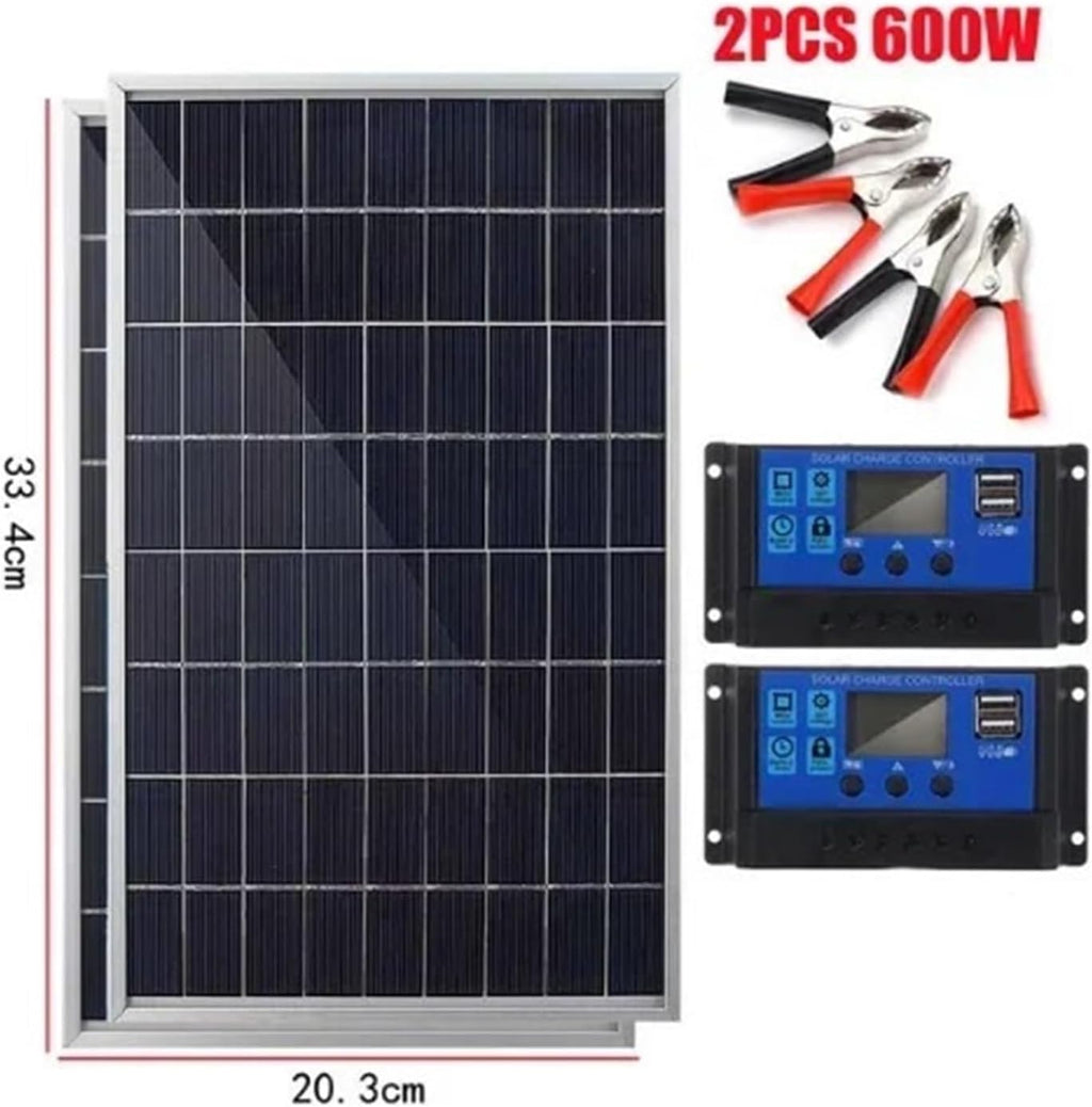 300W Solar Panel Kit 12-18V Polycrystalline Power Portable Outdoor Rechargeable Solar Cell Solar Generator for Home(2PC with 2controller)