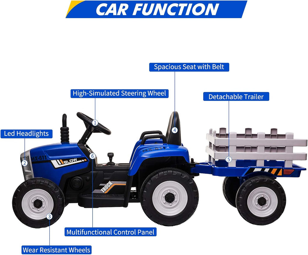 12V Kids Ride On Tractor with Trailer & Remote Control, Toddler Battery Powered Electric Car Slow Start 7LED Headlights USB Music Player 2+1 Gear Shift, Blue, 25W/Treaded Tires