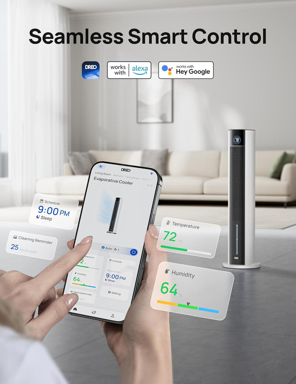 DREO Tower Fan for Bedroom, 43' Cooling Fans That Blow Cold Air 2025 Upgraded, Evaporative Air Cooler, Quiet 85° Oscillating Floor Fan, Easy Cleaning, APP Control, 4 Modes & 4 Speeds, 12H Timer, White