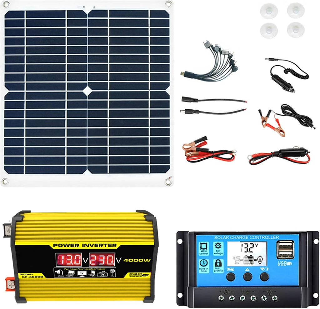 4000W Solar System Combo - 12V to 110V/220V Inverter, 50A Charge Controller, 50W 12V Solar Panel Kit, Home Solar Generator Grid System (Yellow, 12V-220V)