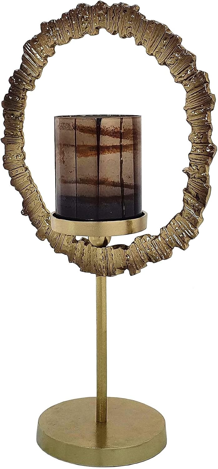 A&B Home Gold Ring Candle Holder - Large Candle Hoder with Glass Hurricane, Decorative Tabletop Lighting, Living Room Coffee Table Accent Piece Dining Table Centerpiece, 12' x 6' x 21'