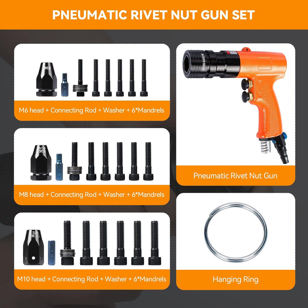 Metric Pneumatic Rivet Nut Tool Kit, Air Rivnut Gun with M6, M8 & M10 Mandrels