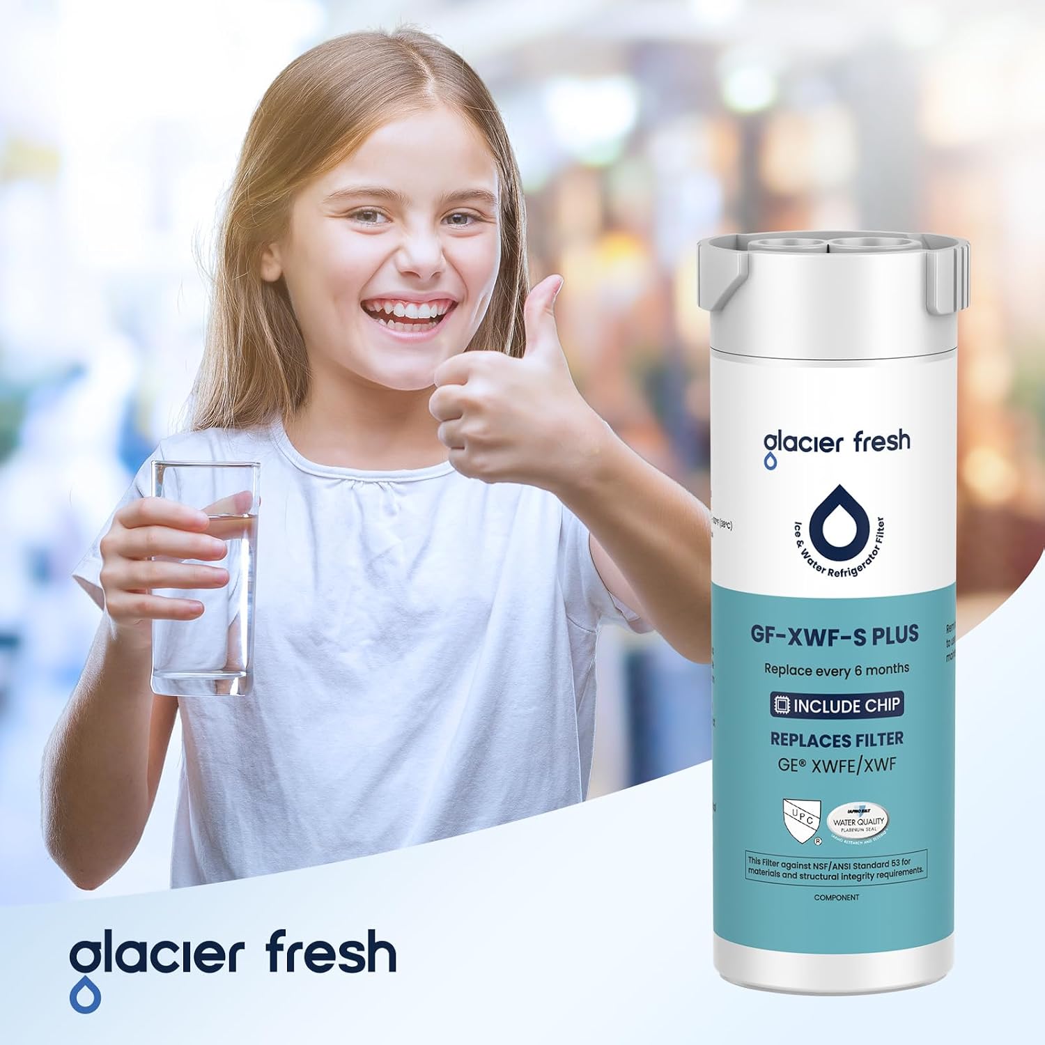 GLACIER FRESH Water Filter Compatible with XWFE (Built-in CHIP), Replacement for GE XWFE, XWF Refrigerator Water Filter NSF/ANSI 53 Certification Pack of 3