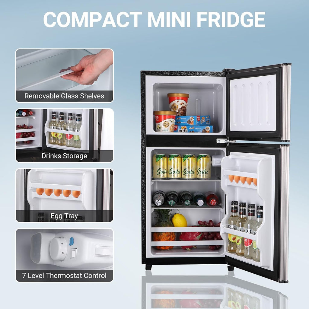 Apartment Size Refrigerator, 4.0 Cu.Ft Small Refrigerator with Freezer Suitable for Apartment, Office, Kitchen, Dorm, Compact Fridge with 7 Temperature Modes, Double Door, Silver