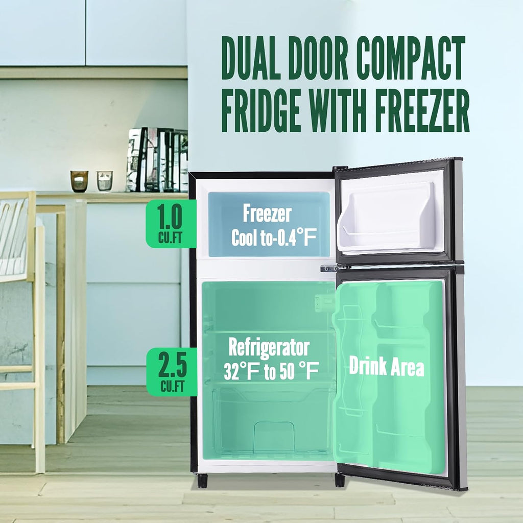 WANAI 2 Door Small Refrigerator with Freezer-on-top, Spacious Capacity Mini Fridge with 7-Level Adjustable Thermostat & 2 Removable Shelves Silver