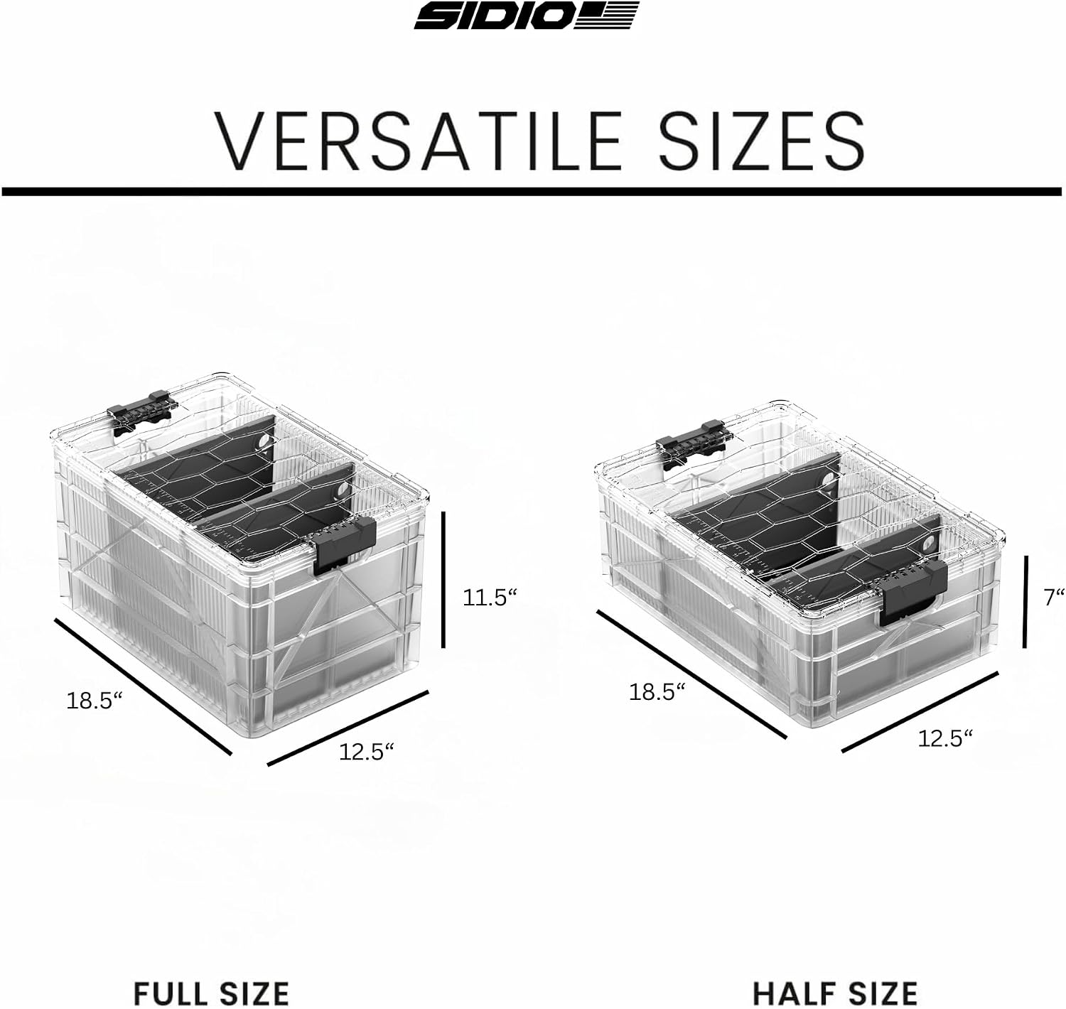 SIDIO CRATE Starter Pack - Two Full Size and One Half Size SidioCrate, Stackable Outdoor Organizer Storage Bins with Clear Lid and Dividers - Clear