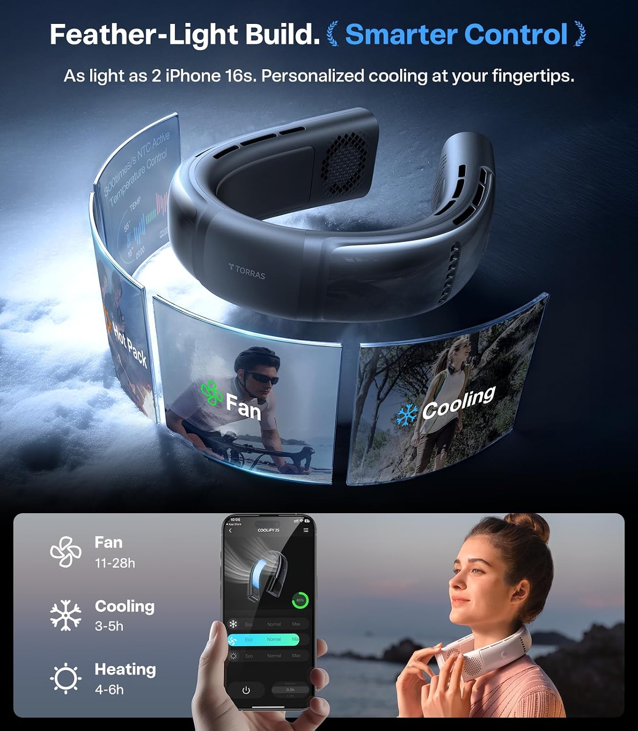 TORRAS COOLiFY 2S Lite Neck Air Conditioner, Long Battery Life Cooling Neck Fan, Lightweight & Comfortable, Hands-Free Wearable AC for Commute, Work, Travel. Black