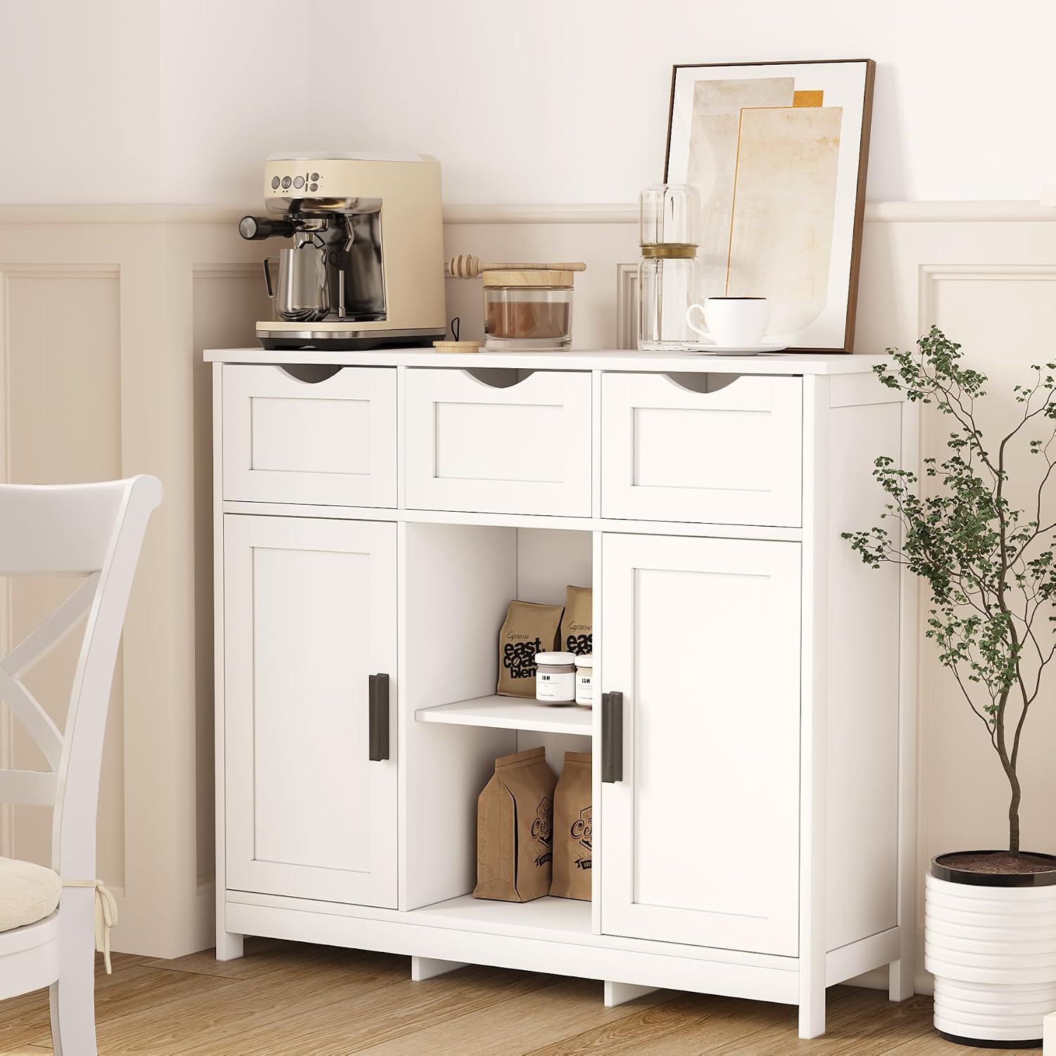 Sideboard Floor Storage Cabinet - Wooden Storage Organizer with 2 Doors and 3 Drawers, Free Standing Accent Buffet Cabinet with Adjustable Shelves for Living Room, Kitchen,Bathroom (White)