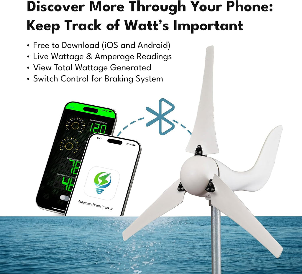 Automaxx 400W 12V Bluetooth Land and Marine Wind Turbine Generator kit. Inbuilt MPPT Charge Controller + Automatic and Manual Braking System with Amps Meter. DIY Installation.