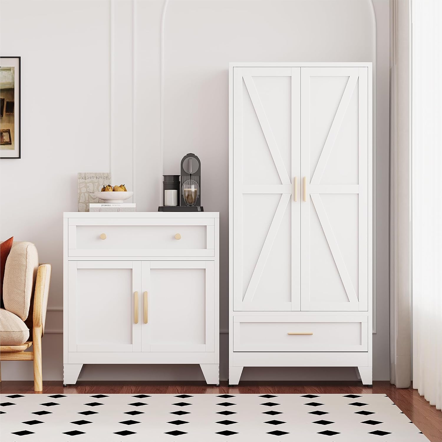 QINPTWUT 71' Storage Cabinet with Bottom Drawer, Pantry Cabinet in White with 2 Doors & 4 Adjustable Shelves, Freestanding Steel Cupboard for Garage, Home Office, Kitchen, Heavy-Duty Storage