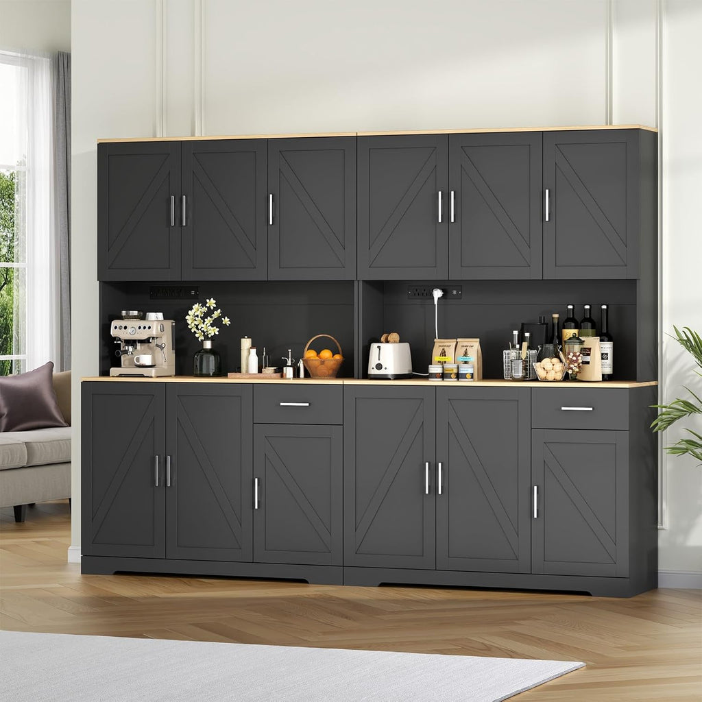 71' Tall Kitchen Pantry Storage Cabinet with Charging Station,Farmhouse Buffet Cabinet with Microwave Shelf,Large Kitchen Hutch Cabinet Doors & Drawer,Food Pantry for Dining Room,Living Room (Black)