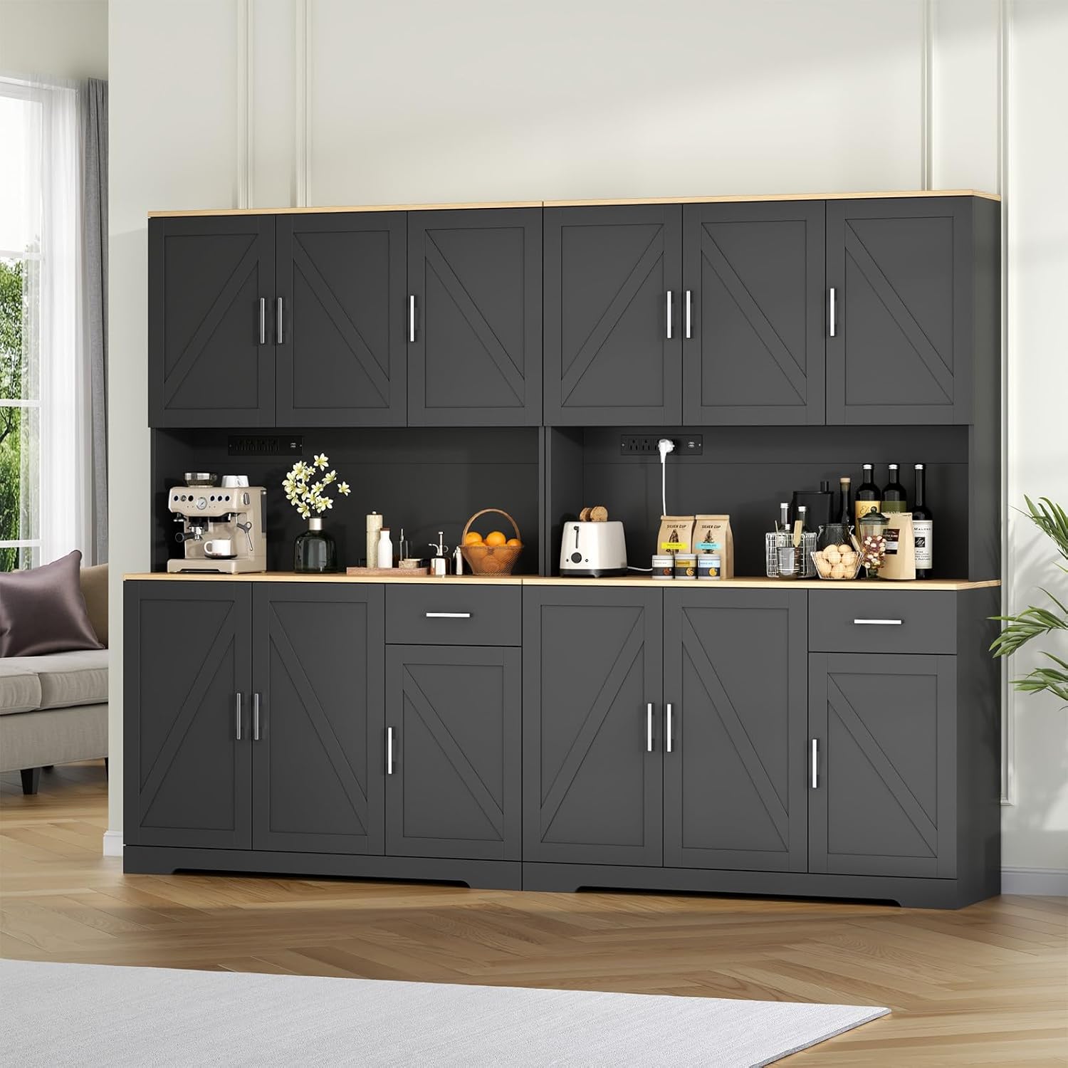 71' Tall Kitchen Pantry Storage Cabinet with Charging Station,Farmhouse Buffet Cabinet with Microwave Shelf,Large Kitchen Hutch Cabinet Doors & Drawer,Food Pantry for Dining Room,Living Room (Black)