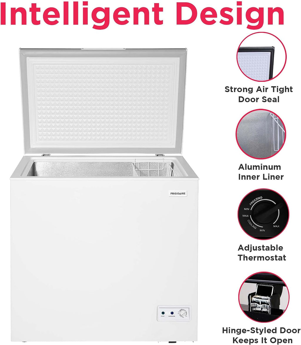 Frigidaire Chest Deep Freezer, 7 Cu. Ft. Capacity, Shiny Stainless Steel Top Lid Design-Adjustable Thermostat-Removable Vinyl Coated Wire Basket-Easy Defrost Drain- Garage Ready