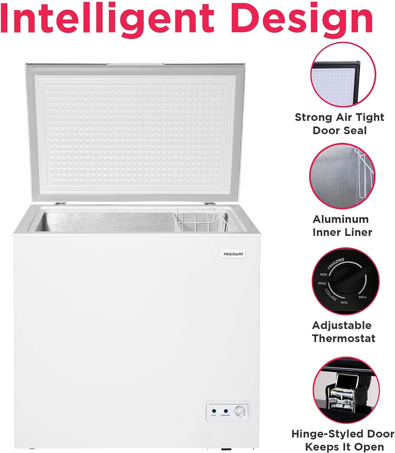 Frigidaire Chest Deep Freezer, 7 Cu. Ft. Capacity, Shiny Stainless Steel Top Lid Design-Adjustable Thermostat-Removable Vinyl Coated Wire Basket-Easy Defrost Drain- Garage Ready