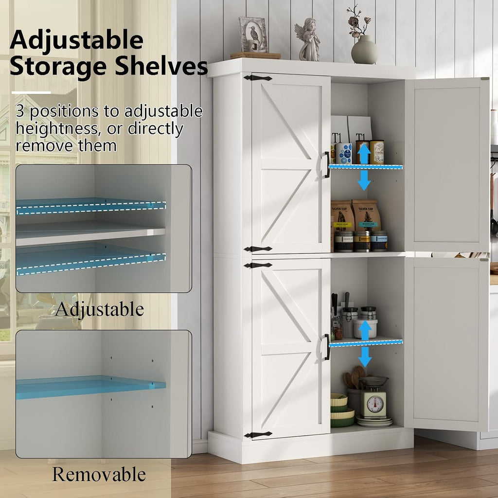 Farmhouse Kitchen Pantry Cabinet,69.1' Tall Kitchen Storage Cabinet with Adjustable Shelves,Modern Bathroom Storage Cabinets,Freestanding Floor Cabinets Cupboard for Living Room,Dining Room (White)