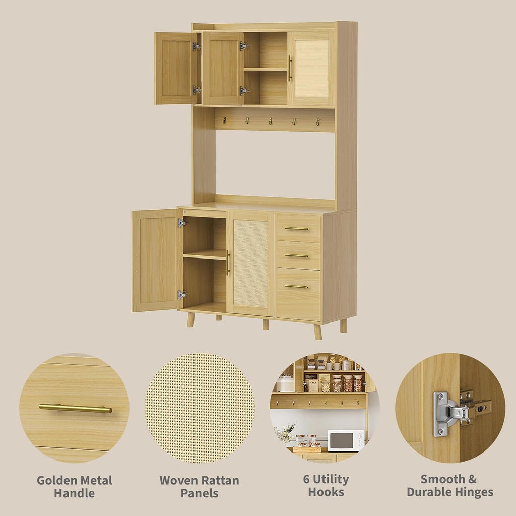 71' Tall Kitchen Pantry Cabinet with Storage, Freestanding Hutch Sideboard Buffet Cabinet with Rattan Door, 3 Drawers, 6 Hooks, Adjustable Shelves, Microwave Stand Countertop for Living Room