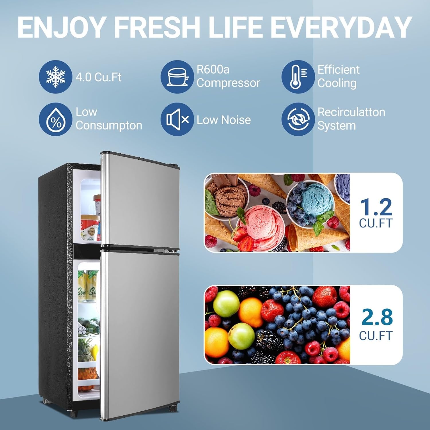 Apartment Size Refrigerator, 4.0 Cu.Ft Small Refrigerator with Freezer Suitable for Apartment, Office, Kitchen, Dorm, Compact Fridge with 7 Temperature Modes, Double Door, Silver