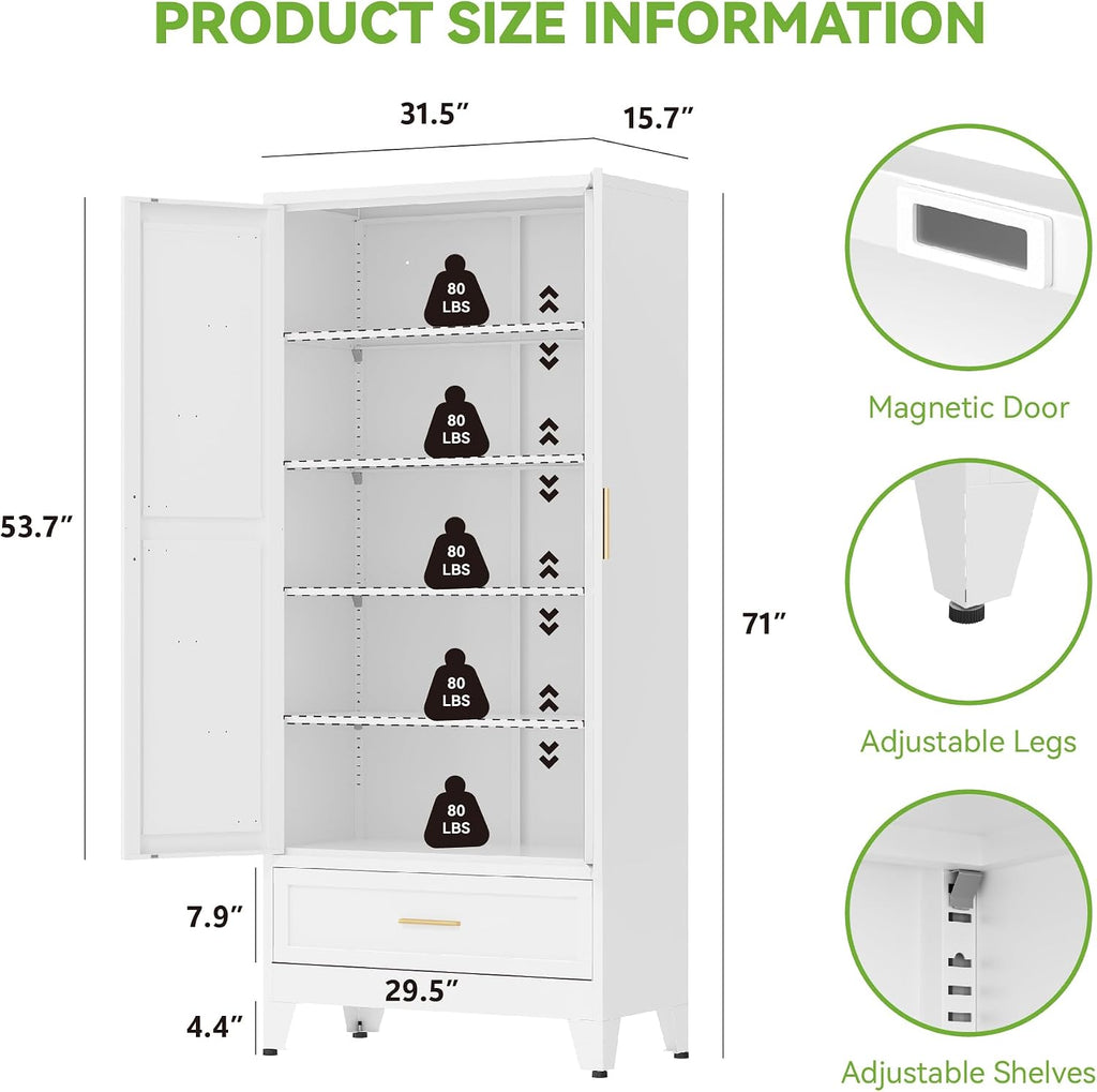 71'Tall Metal Storage Cabinet with Drawer and 4 Adjustable Shelves,Farmhouse Kitchen Pantry Storage Cabinet with Doors, Freestanding White Locker Cabinets for Office,Dining Room,Bathroom(White)