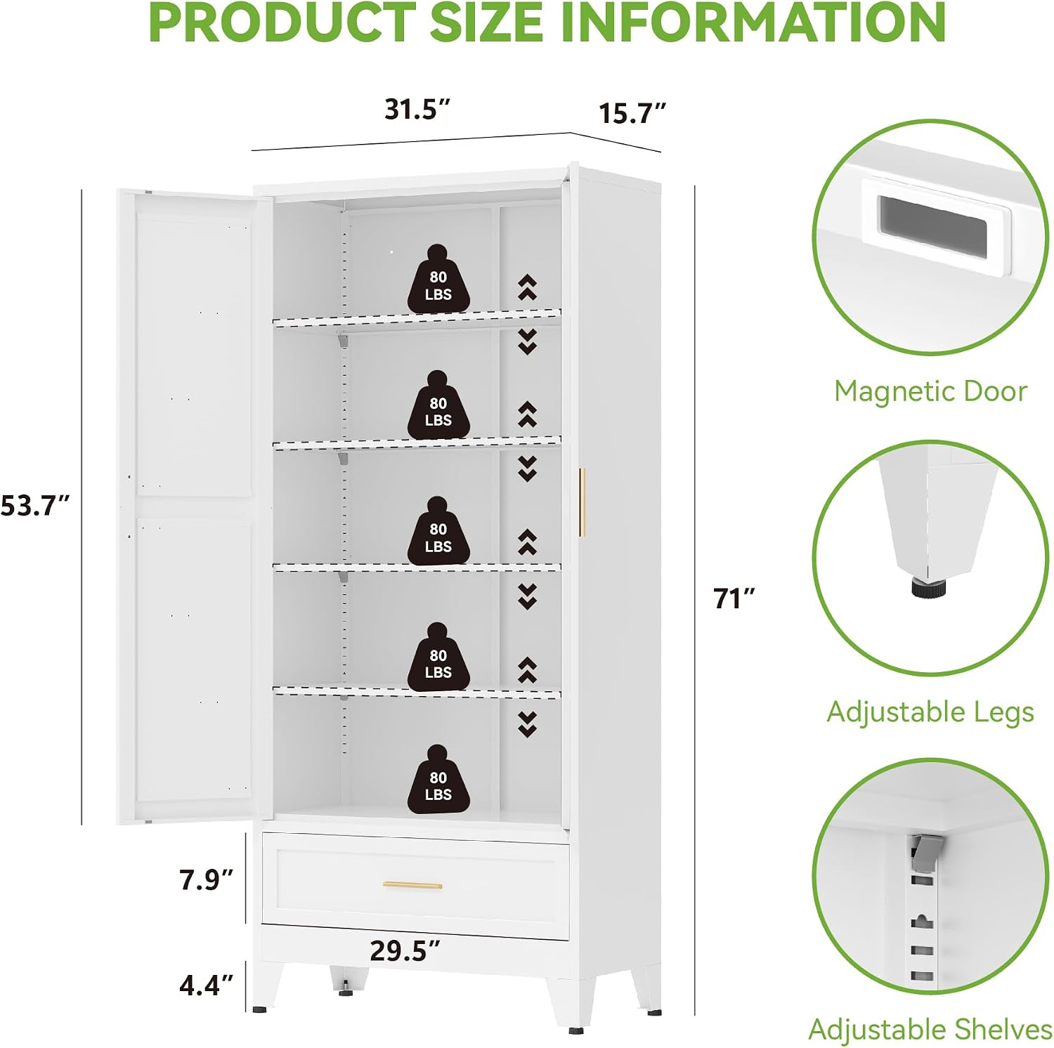 71'Tall Metal Storage Cabinet with Drawer and 4 Adjustable Shelves,Farmhouse Kitchen Pantry Storage Cabinet with Doors, Freestanding White Locker Cabinets for Office,Dining Room,Bathroom(White)