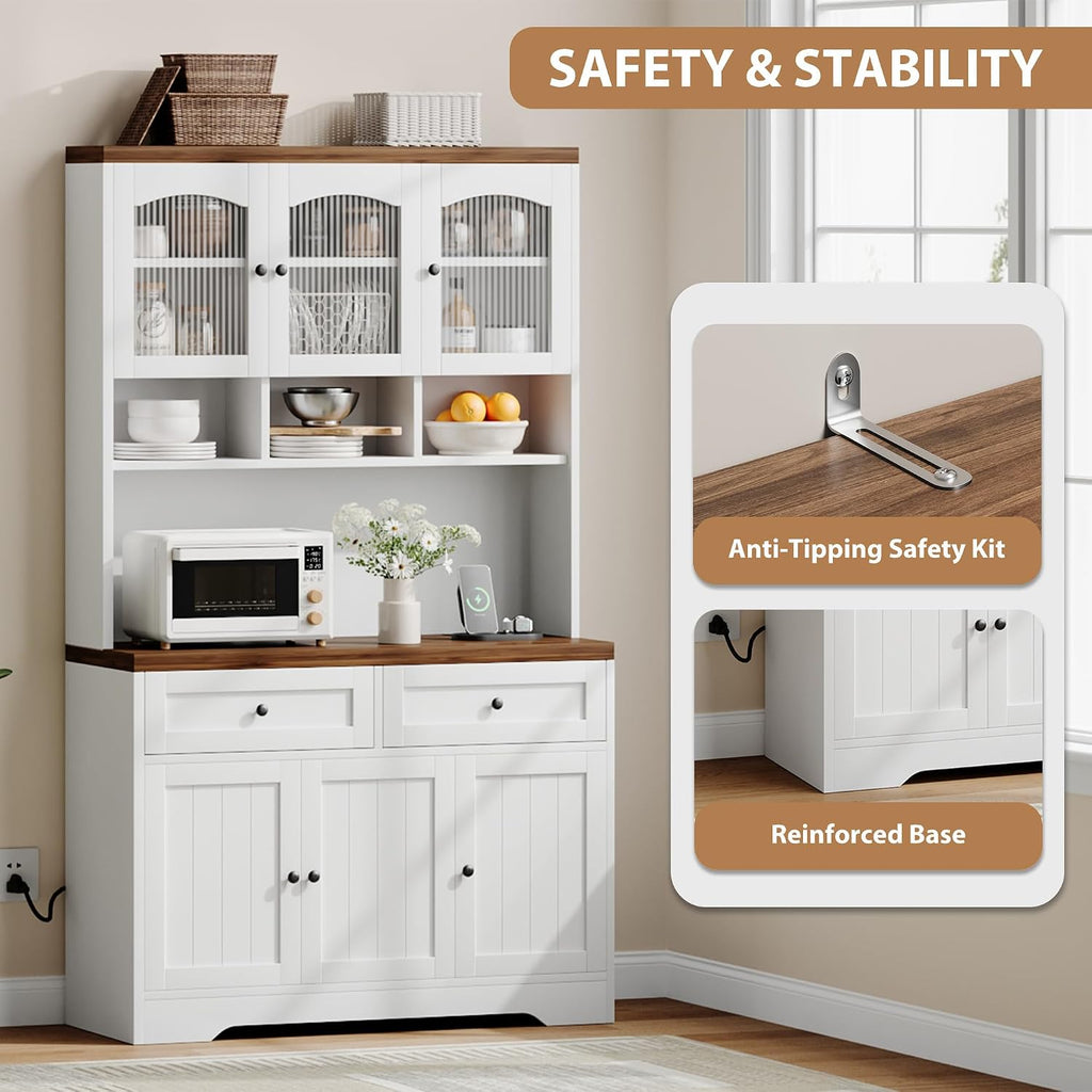 GarveeHome Pantry Cabinet with Charging Station, Tall Kitchen Pantry Storage Cabinet with Hutch,70.8 Inch Kitchen Cabinet with 30mm Thickened Countertop, Fluted Glass Doors, for Dining Room, White
