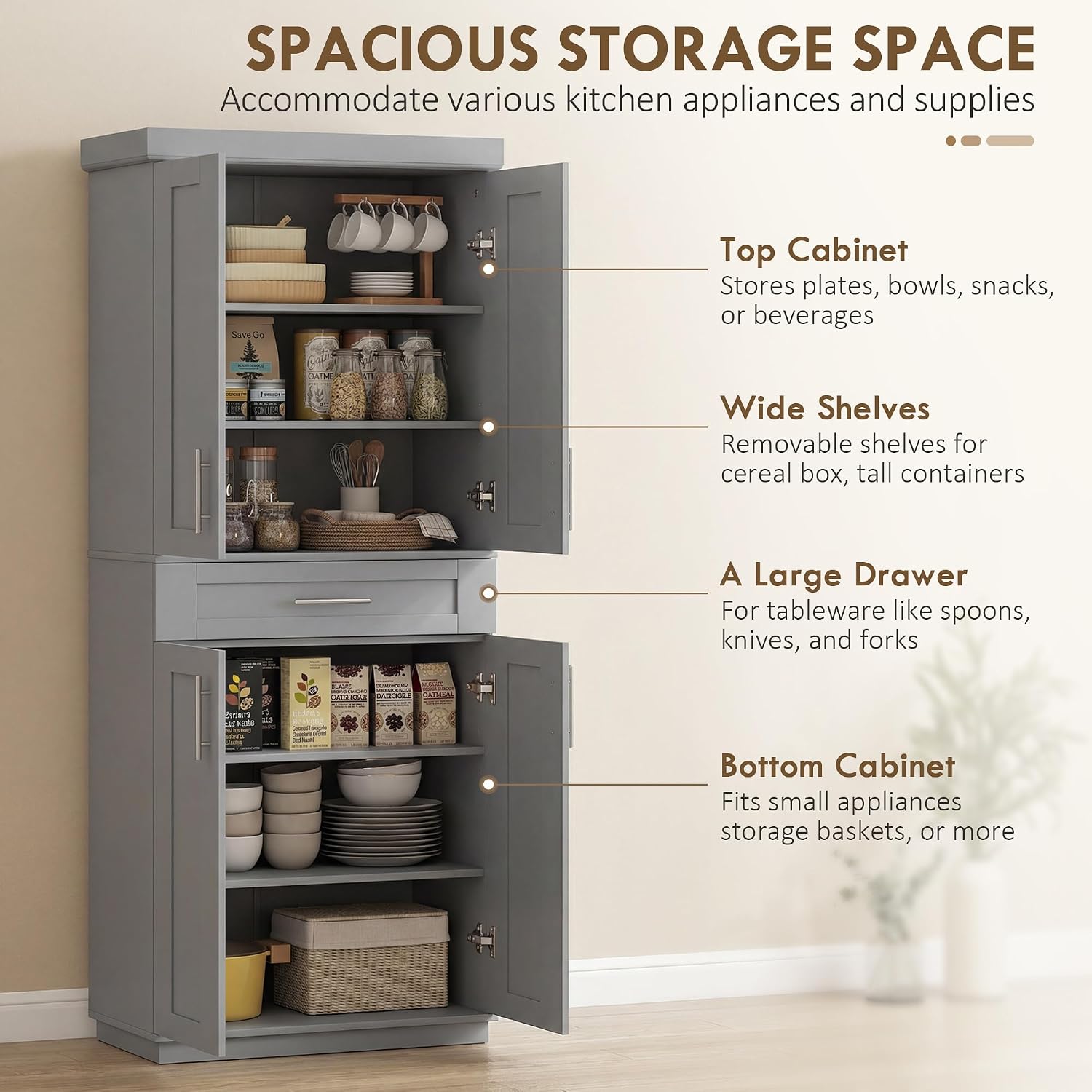 HOMCOM 72' Kitchen Pantry Cabinet, Freestanding Tall Storage Cabinet with 4 Doors, Drawer and 3 Adjustable Shelves for Dining Room, Gray