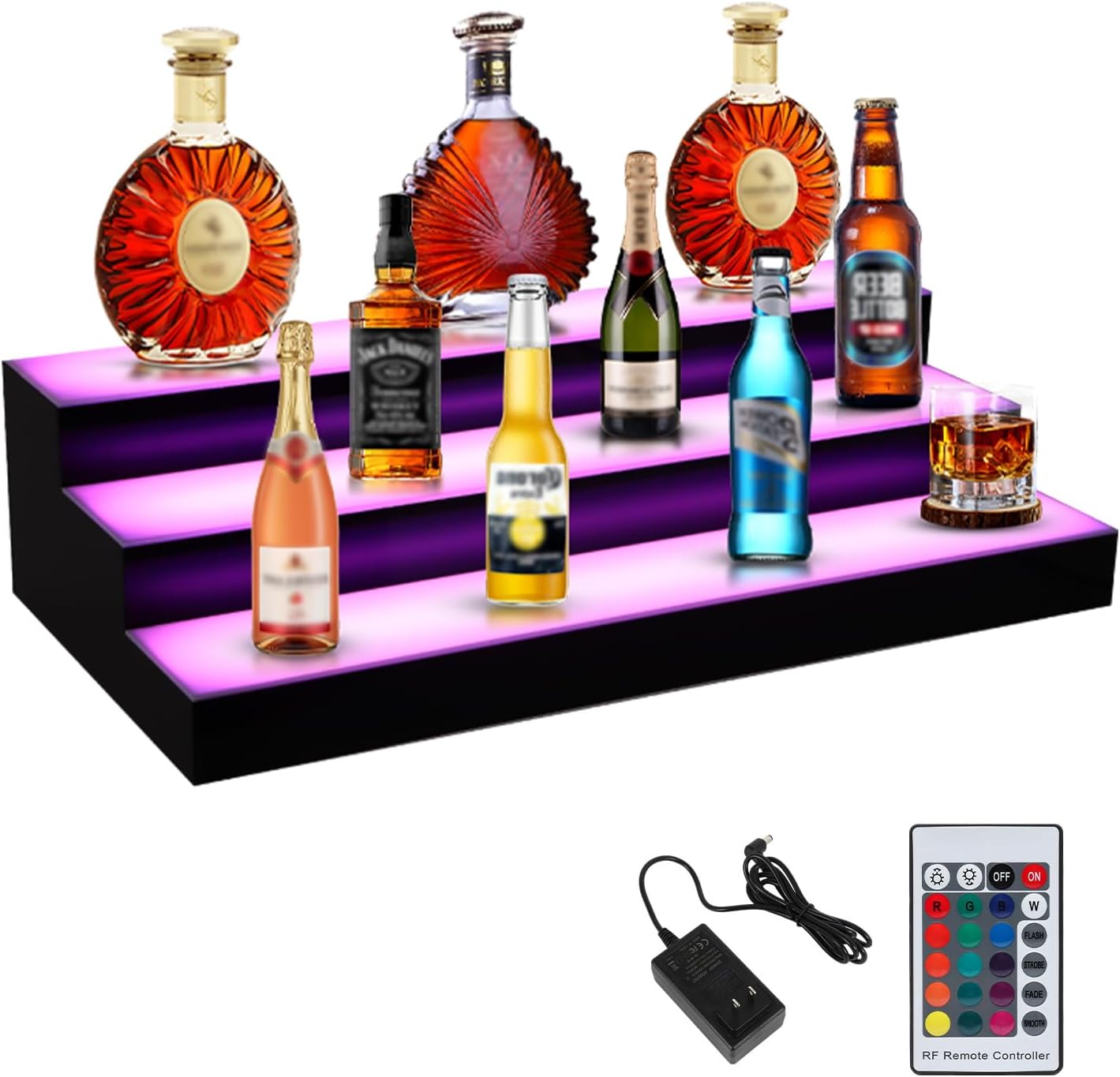 Dollate 3 Tiers 30 Inch LED Lighted Liquor Bottle Display, LED Tabletop Wine Shelves, Adjustable Lighting & Colors Liquor Storage Rack for Home Bar